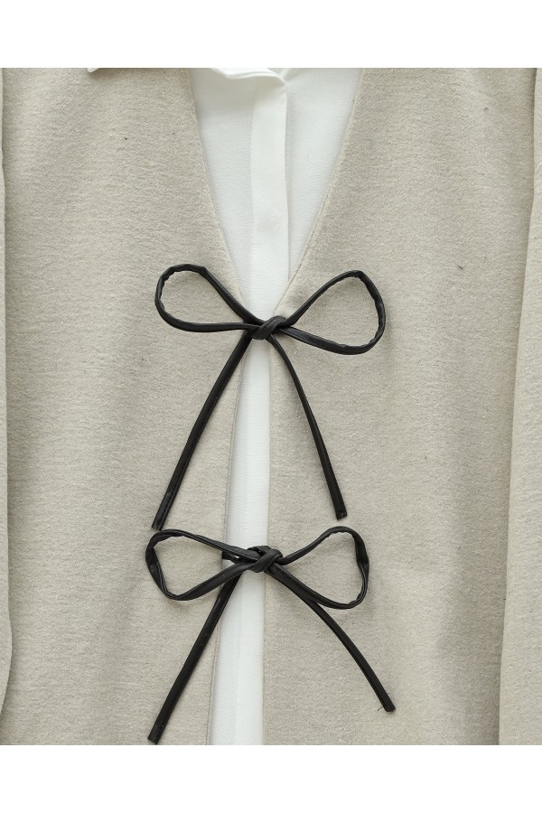 Önü Bağcıklı Oval Kesim Kaşe Kimono     -Taş
