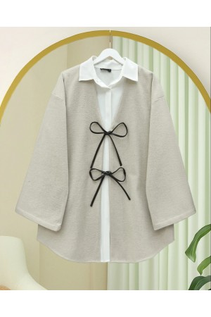 Laced Front Oval Cut Cashmere Kimono     -Stone