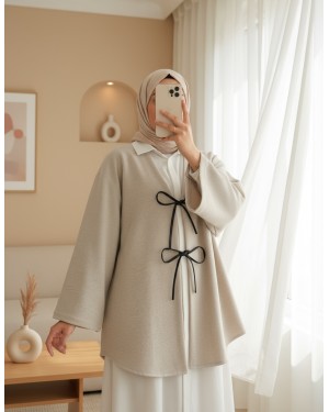 Laced Front Oval Cut Cashmere Kimono     -Stone