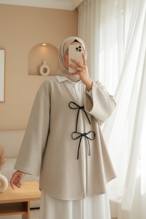 Laced Front Oval Cut Cashmere Kimono     -Stone