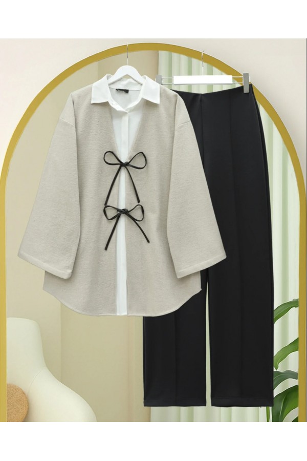 Önü Bağcıklı Oval Kesim Kaşe Kimono     -Taş