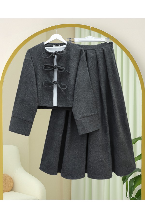 Lace-up Front Skirted Cashmere Suit -Anthracite