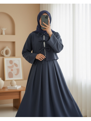 Önü Bağcıklı Etekli Kaşe Takım -İndigo