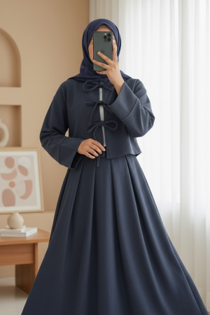 Önü Bağcıklı Etekli Kaşe Takım -İndigo