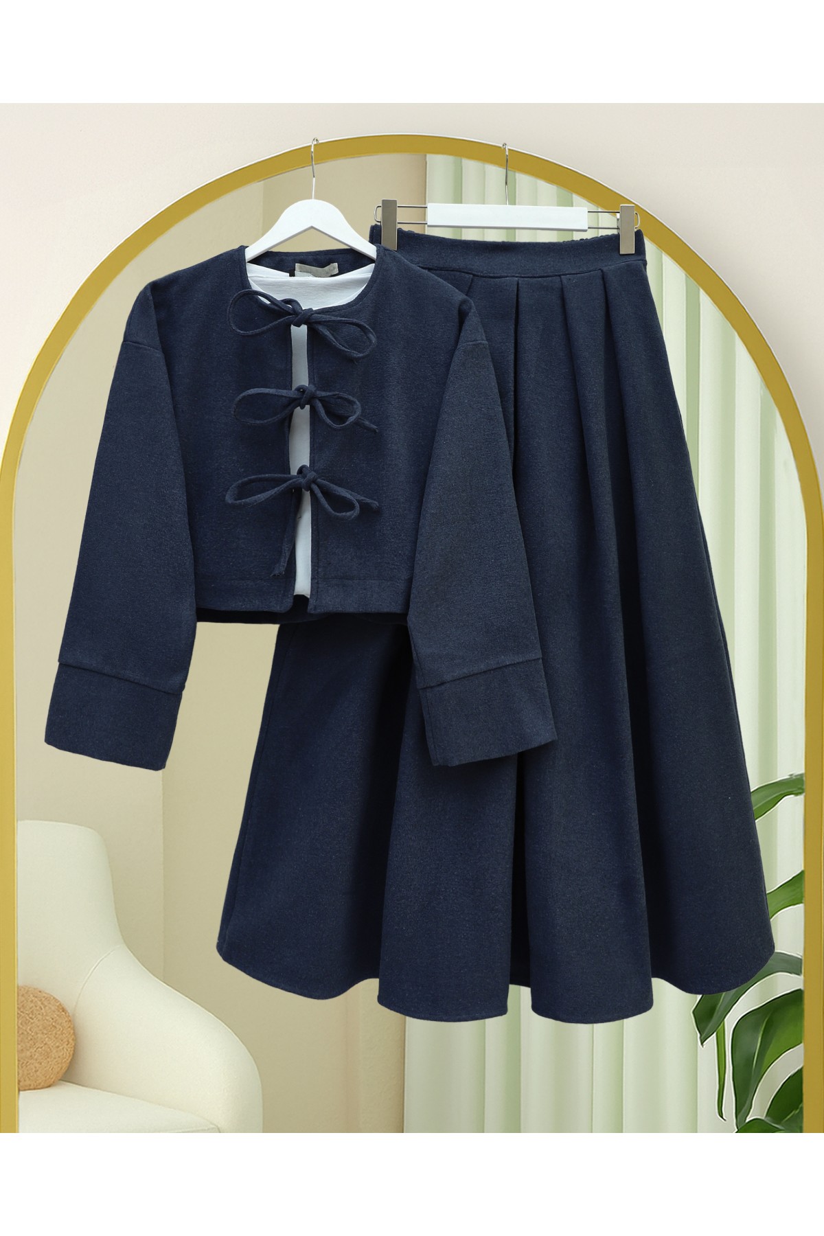 Lace-up Front Skirted Cashmere Suit -Navy blue