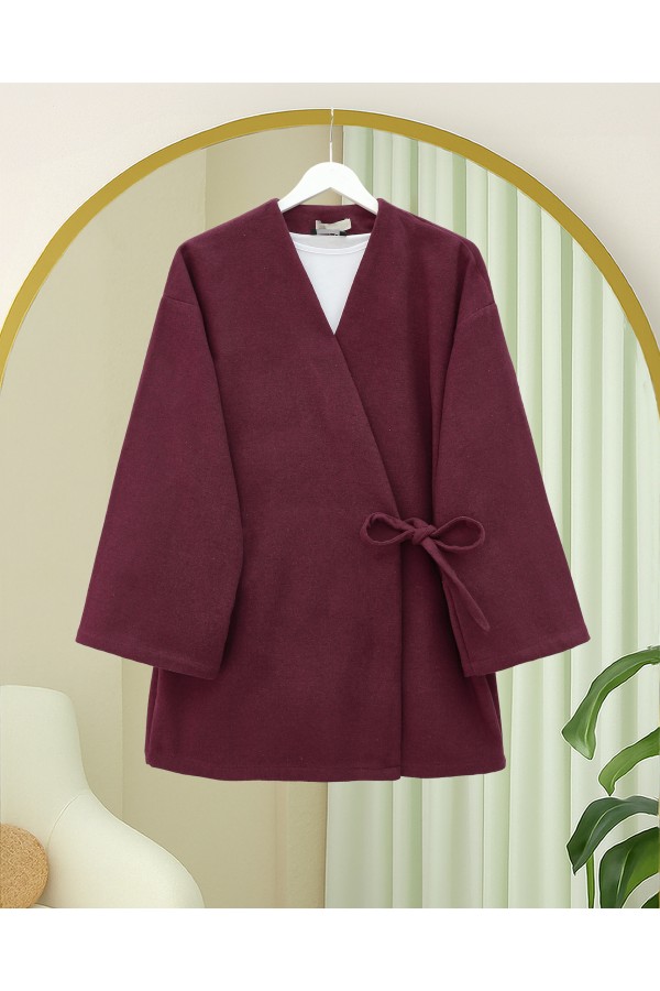 Çapraz Bağlamalı Kaşe Kimono -Bordo