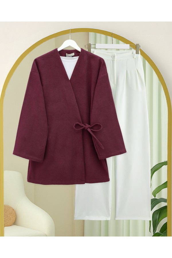 Çapraz Bağlamalı Kaşe Kimono -Bordo
