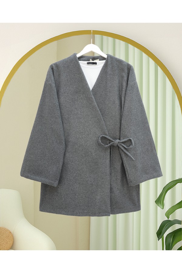 Çapraz Bağlamalı Kaşe Kimono -Füme