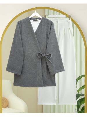 Çapraz Bağlamalı Kaşe Kimono -Füme