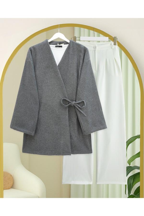 Çapraz Bağlamalı Kaşe Kimono -Füme