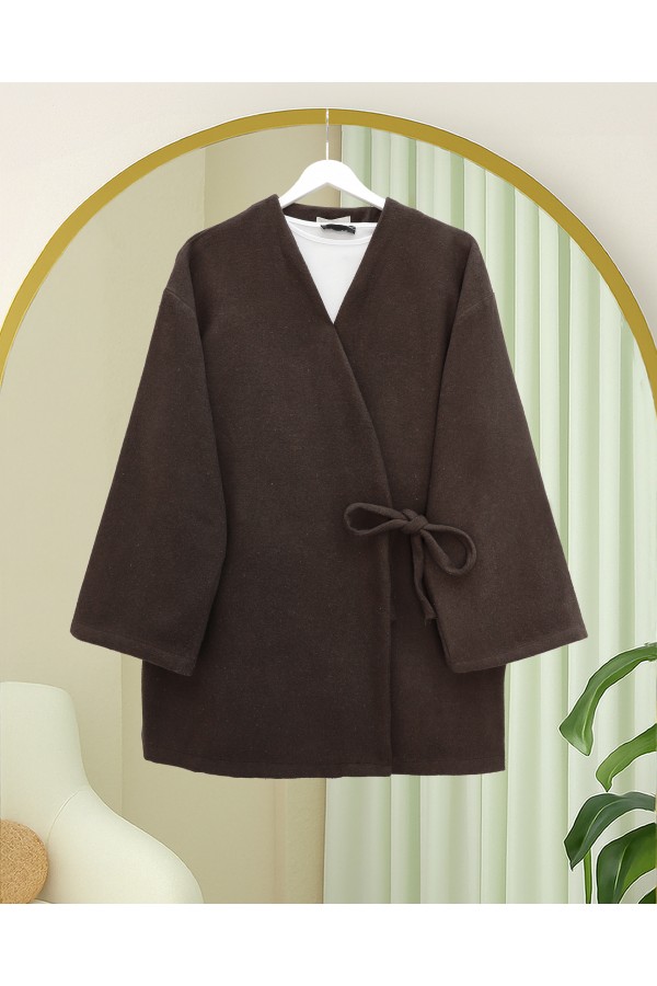 Çapraz Bağlamalı Kaşe Kimono -Kahve