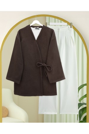 كيمونو مختوم متقاطع الدانتيل -بنى
