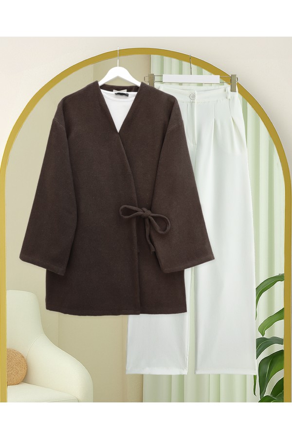 Çapraz Bağlamalı Kaşe Kimono -Kahve