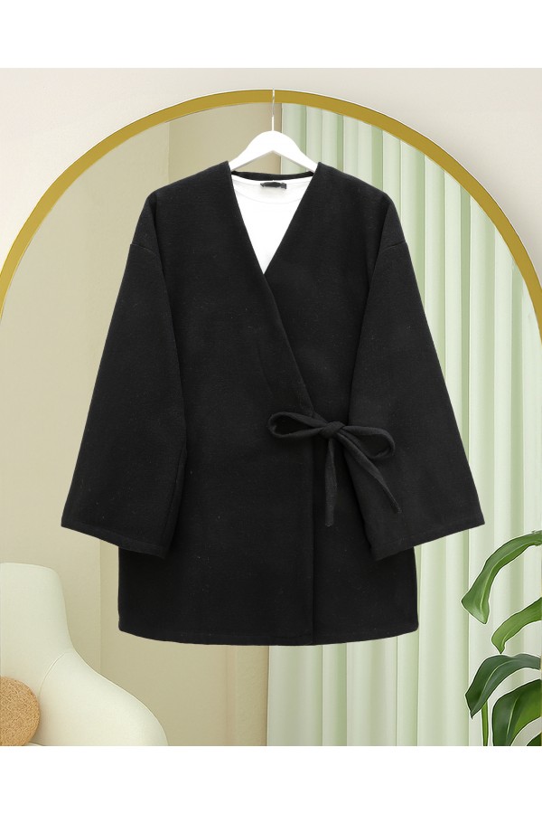 Çapraz Bağlamalı Kaşe Kimono -Siyah