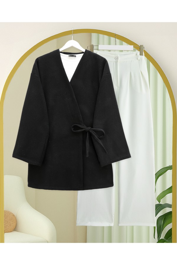 Çapraz Bağlamalı Kaşe Kimono -Siyah