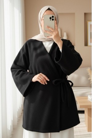 Çapraz Bağlamalı Kaşe Kimono -Siyah