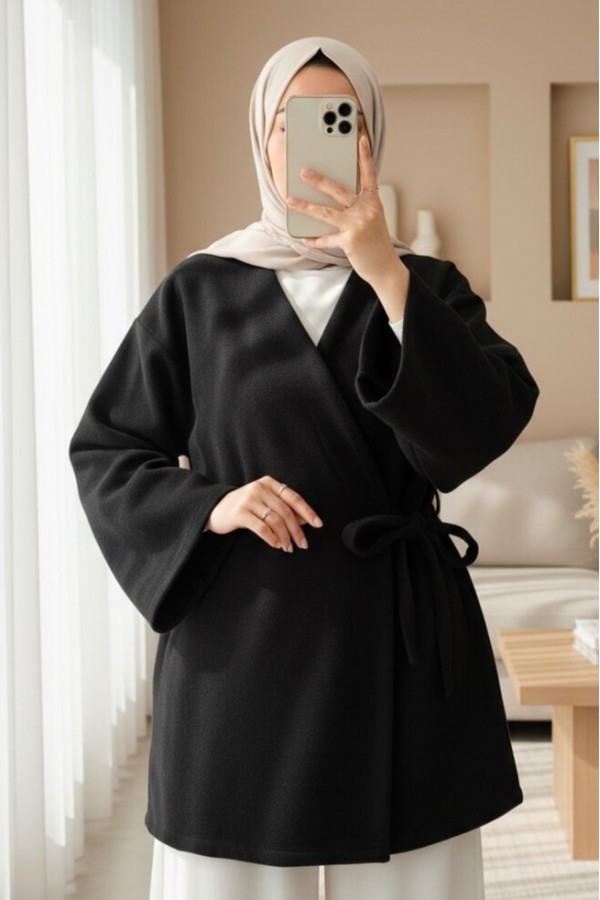 Çapraz Bağlamalı Kaşe Kimono -Siyah