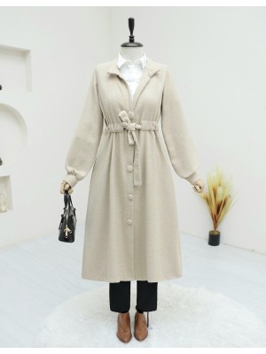 Belden Bağlamalı Top Düğmeli Kaşe Kaban  -Bej