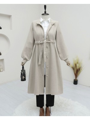 Belden Bağlamalı Top Düğmeli Kaşe Kaban  -Taş