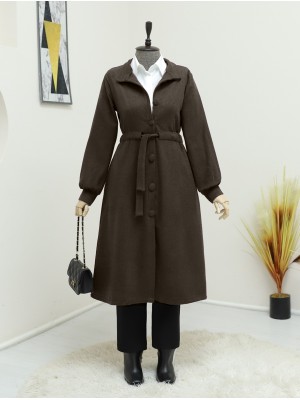 Belden Bağlamalı Top Düğmeli Kaşe Kaban   -K. Kahve