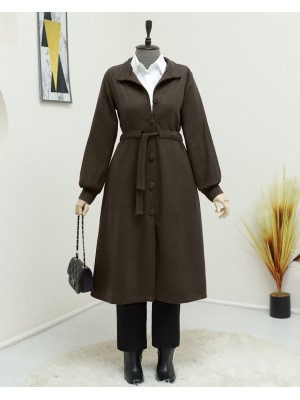 Belden Bağlamalı Top Düğmeli Kaşe Kaban   -K. Kahve