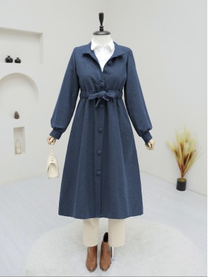 Belden Bağlamalı Top Düğmeli Kaşe Kaban    -Laci