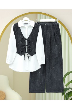 Tie-Front Vest and Trouser Velvet Set -Anthracite