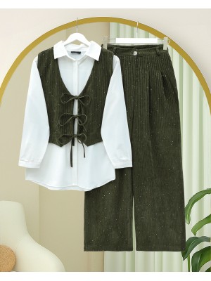 Önü Bağlamalı Yelek Pantolon Kadife Takım  -Haki