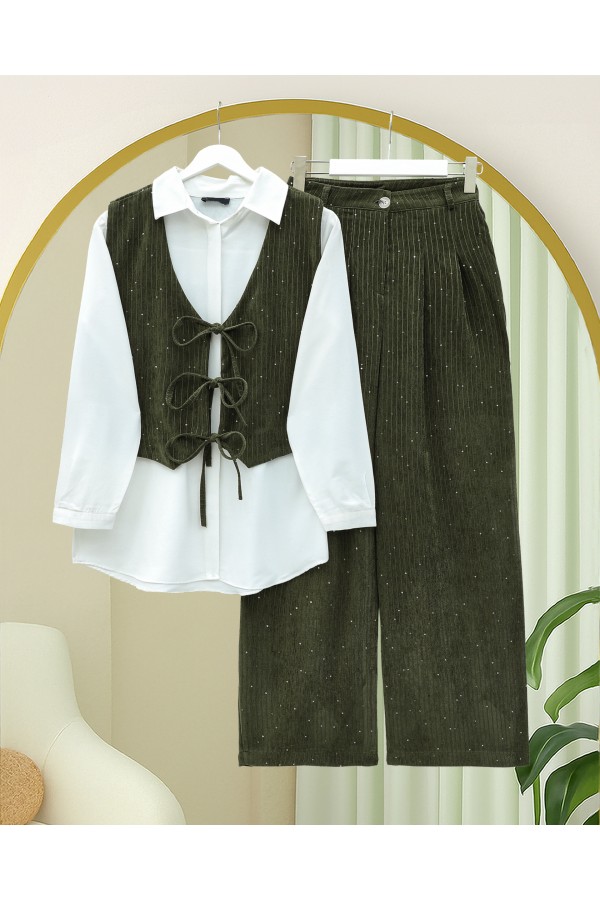 Tie-Front Vest and Trouser Velvet Set -Khaki