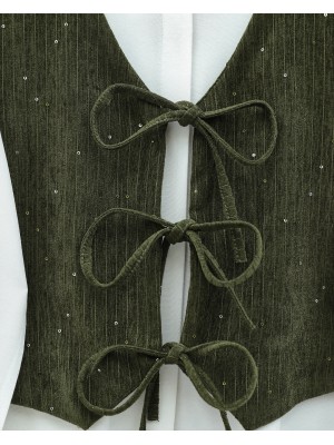 Önü Bağlamalı Yelek Pantolon Kadife Takım  -Haki