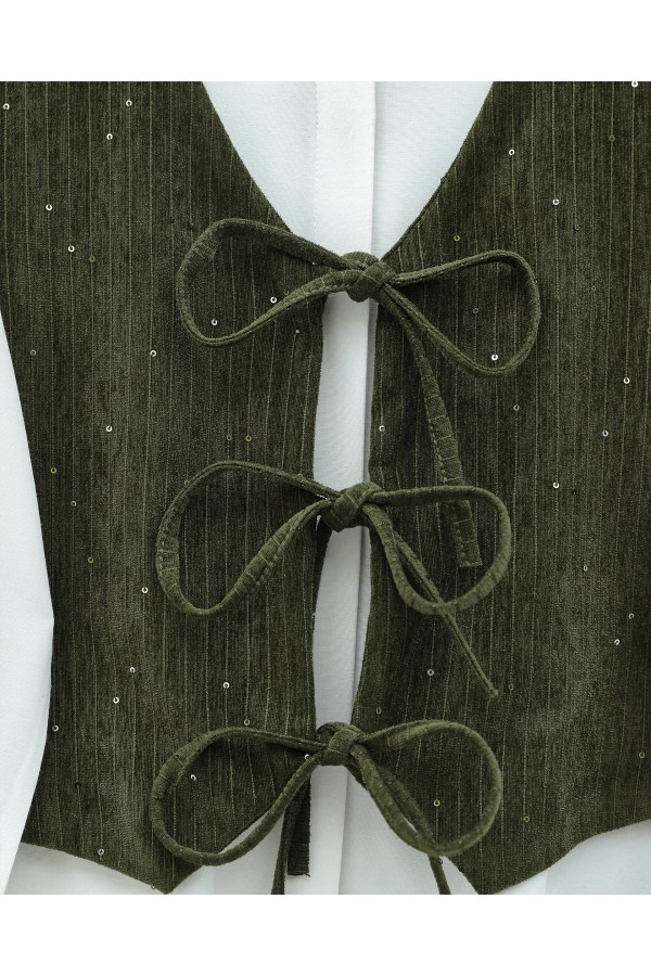 Tie-Front Vest and Trouser Velvet Set -Khaki