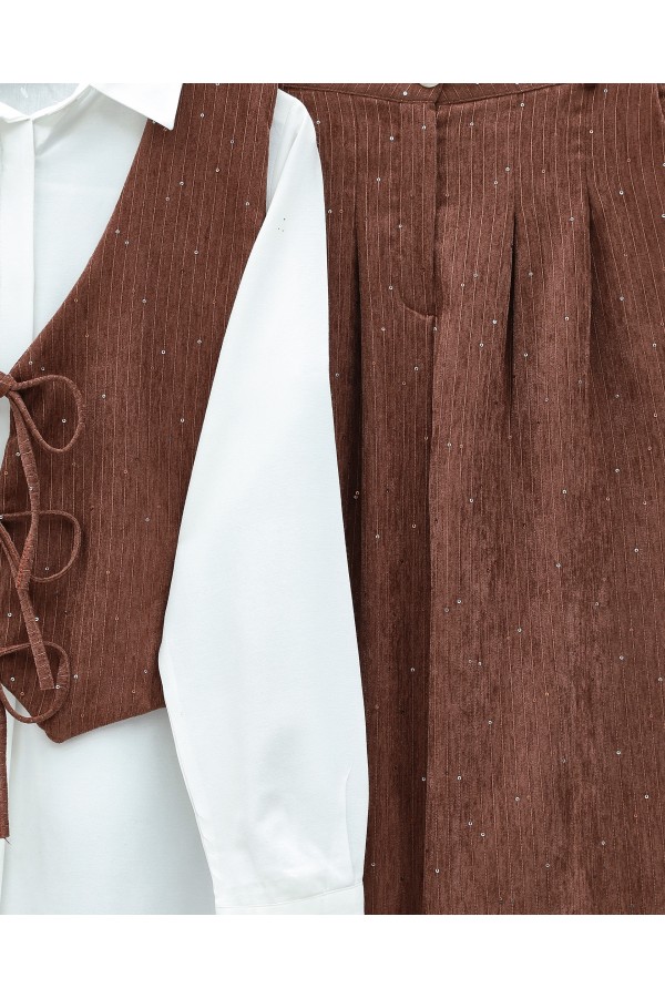 Tie-Front Vest and Trouser Velvet Set -Brick color