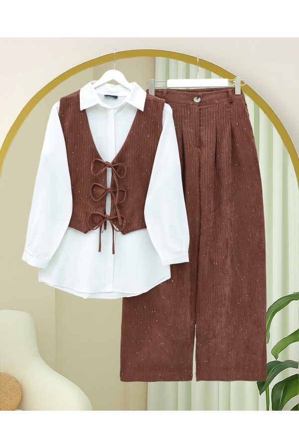 Tie-Front Vest and Trouser Velvet Set -Brick color
