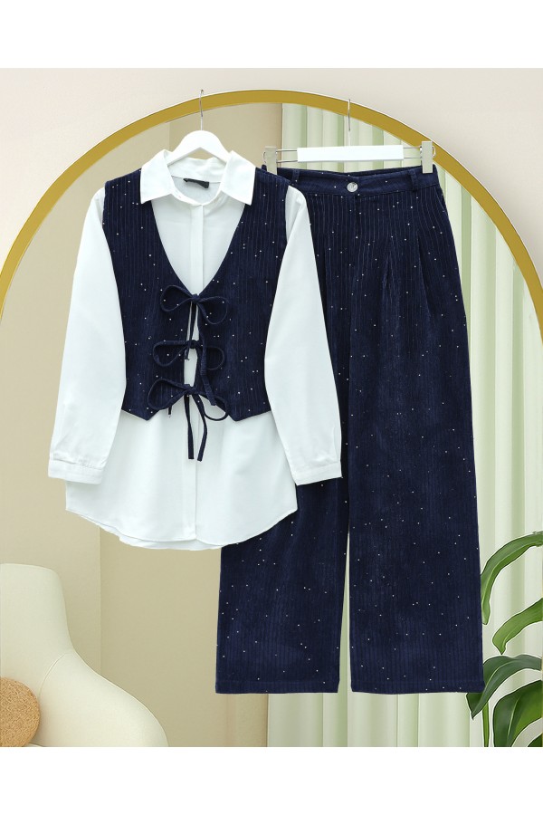 Tie-Front Vest and Trouser Velvet Set -Navy blue