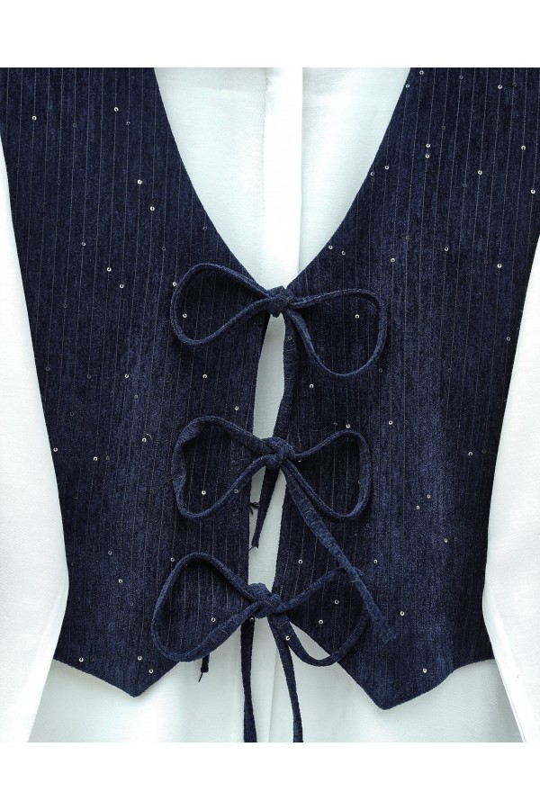 Tie-Front Vest and Trouser Velvet Set -Navy blue