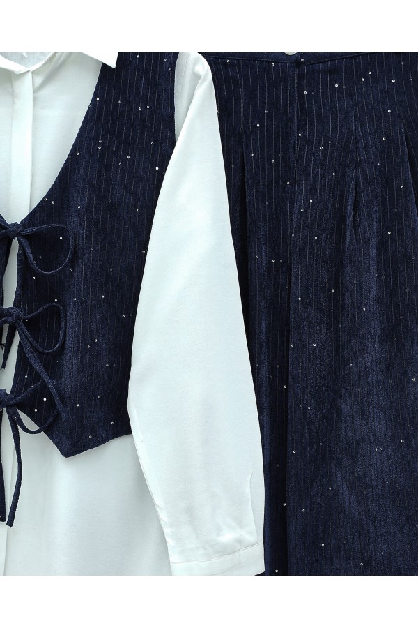 Tie-Front Vest and Trouser Velvet Set -Navy blue