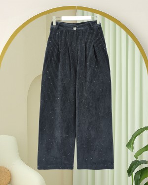 بنطلون مخملي واسع الساق مع جيوب وتفاصيل ترتر -أنثراسايت