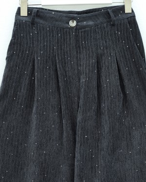 بنطلون مخملي واسع الساق مع جيوب وتفاصيل ترتر -أنثراسايت