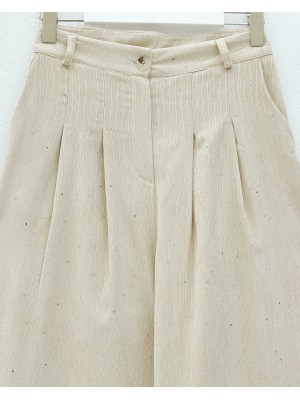 Cepli Bol Paça Pul Detaylı Kadife Pantolon   -Bej