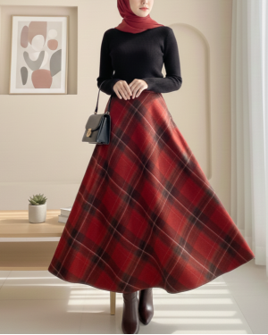 Ekose Desenli Yanı Fermuarlı  Kaşe Çan Etek -Bordo