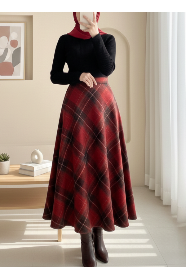 Plaid Patterned Side Zipper Cashmere A-Line Skirt -Maroon