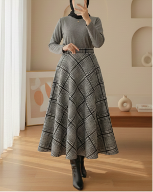 Ekose Desenli Yanı Fermuarlı  Kaşe Çan Etek -Ekru