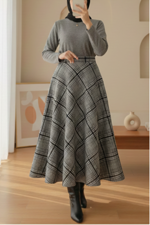 Ekose Desenli Yanı Fermuarlı  Kaşe Çan Etek -Ekru