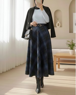 Ekose Desenli Yanı Fermuarlı  Kaşe Çan Etek -Laci