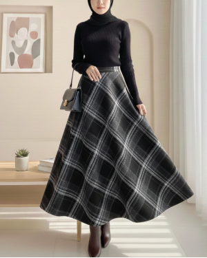 Ekose Desenli Yanı Fermuarlı  Kaşe Çan Etek -Siyah