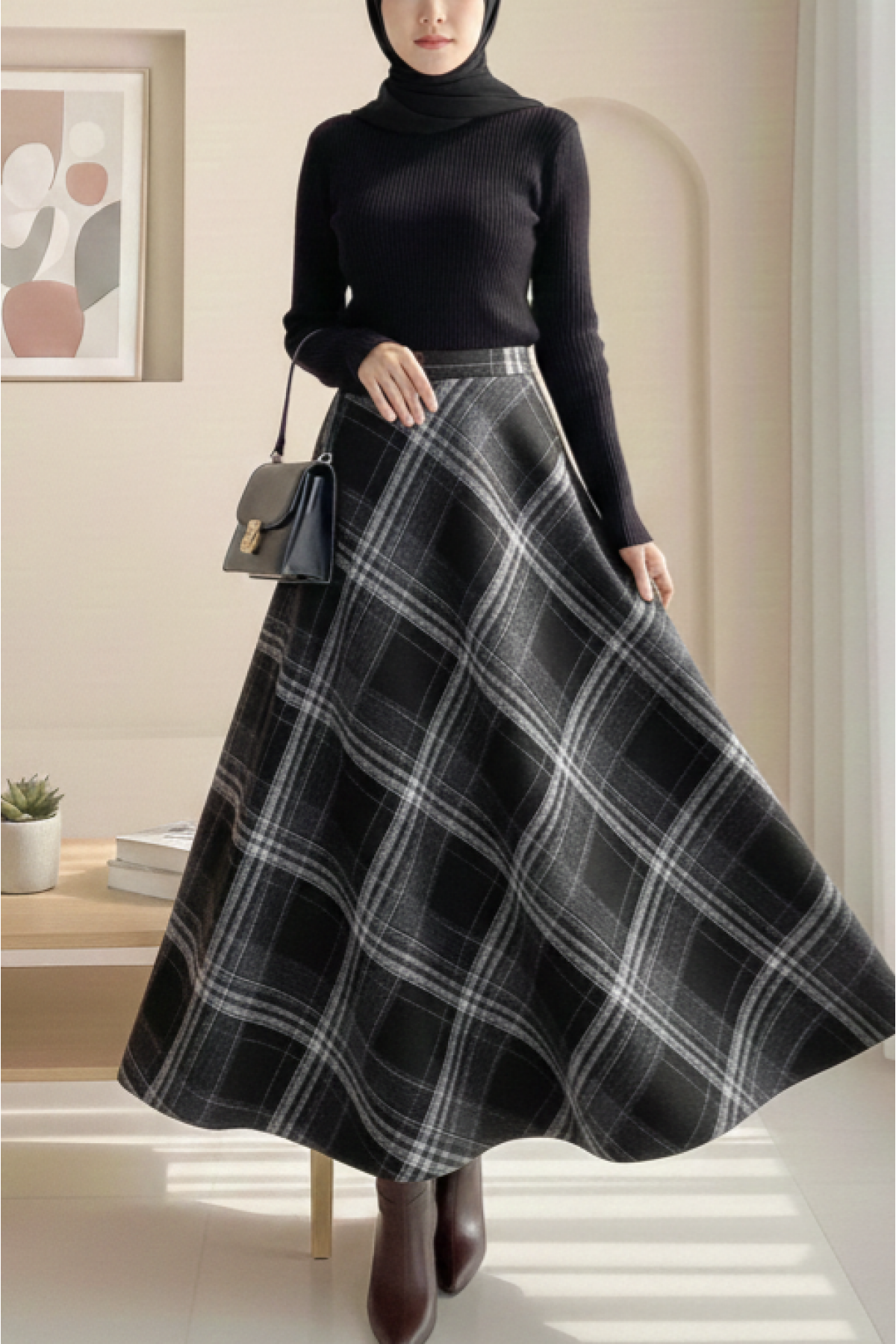 Plaid Patterned Side Zipper Cashmere A-Line Skirt -Black