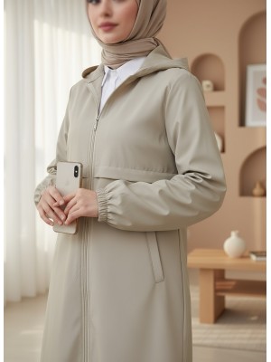 Boydan Fermuarlı Kapşonlu Uzun Yağmurluk -Taş