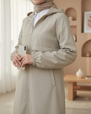 Long Zippered Hooded Raincoat -Stone