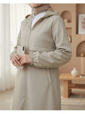Long Zippered Hooded Raincoat -Stone