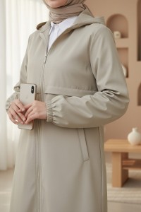 Long Zippered Hooded Raincoat -Stone